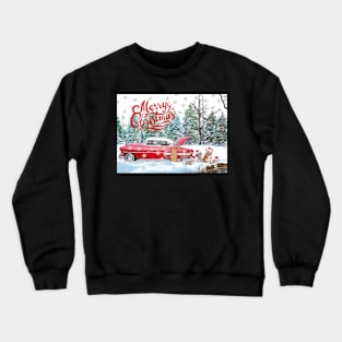 Red Car, Cats and Dogs Merry Christmas with Snowflakes Crewneck Sweatshirt